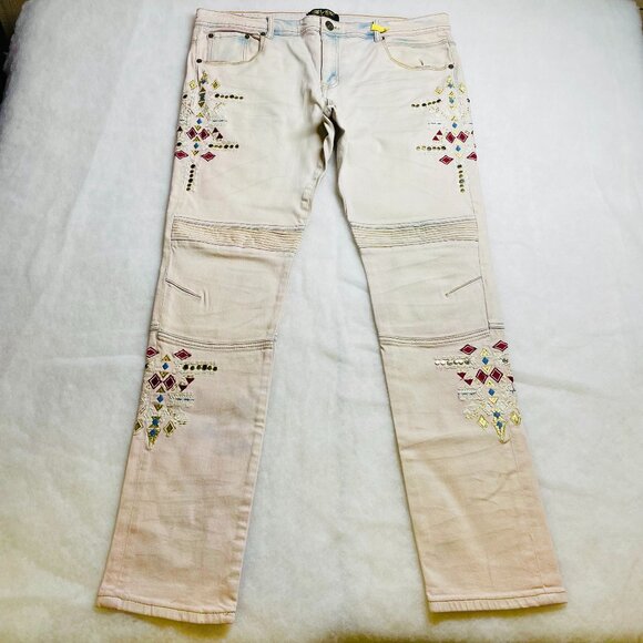 8ighth Dstrkt Mens Blue Pink Boho Embroidered Embellished Denim Jeans 40x34 - Picture 1 of 15